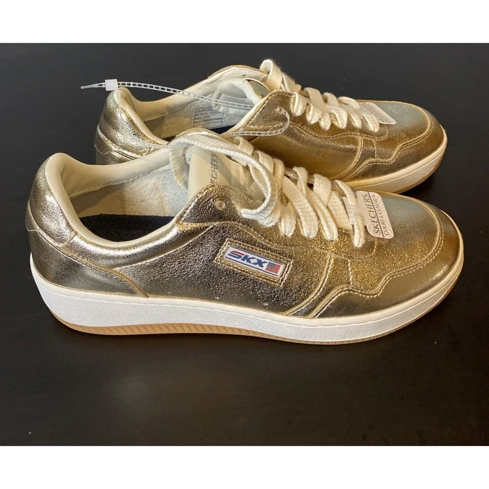 Skechers Women's Sport Court 2.0-Much Metallic Sneaker Size 9.5 Solid Gold Shiny